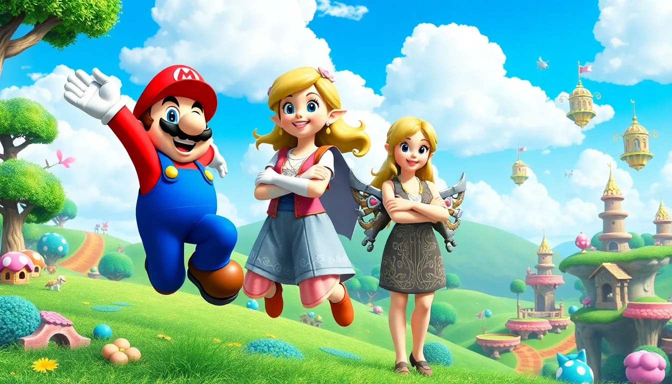 Mario and Princess Zelda in a colorful, whimsical gaming landscape.