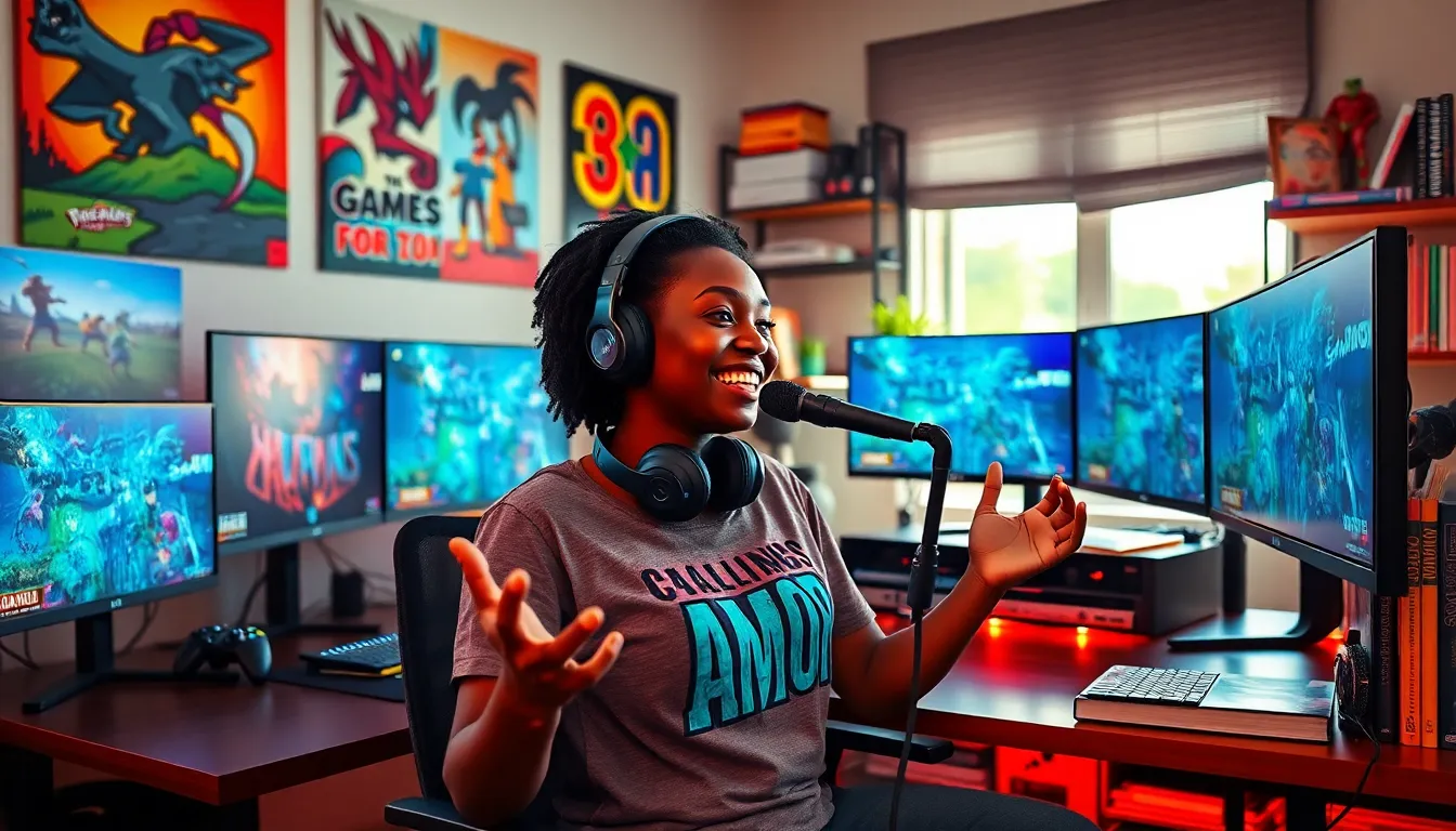 a gamer discussing content in a colorful, well-decorated gaming room.